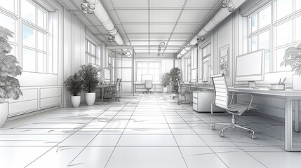 Empty open space modern office interior design drawing