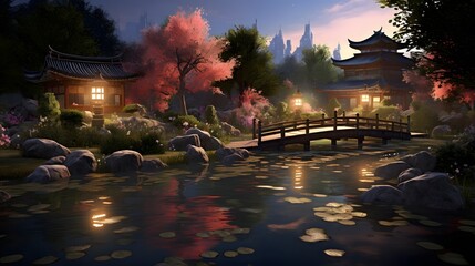 Wall Mural - Beautiful Japanese temple in the evening. Panoramic view.