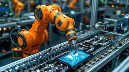Poster - Industrial robot arms working in factory production line. Concept of artificial intelligence for industrial revolution and automation manufacturing process