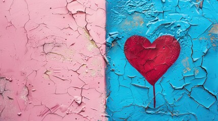 Sticker - Divided textured pink blue background with a red heart in the blue section