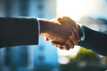 Canvas Print - Business people, city and shaking hands for introduction, meeting and partnership agreement or legal deal. Clients, lawyer or attorney with handshake for case advice and thank you, support or success