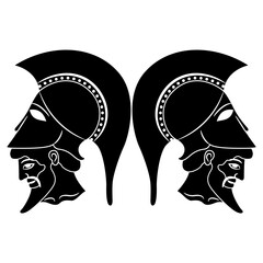 Wall Mural - Symmetrical ethnic design with two heads o bearded Greek warriors wearing helmets. Vase painting style. Dioscuri twin heroes. Black and white silhouette.