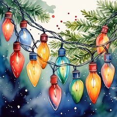 Wall Mural - String of colorful festive holiday lights painted in watercolor