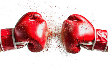 Pair of red boxing gloves clashing with splashes isolated on transparent background