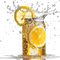 Vibrant soda can with lemon slices and splashed water isolated on transparent background