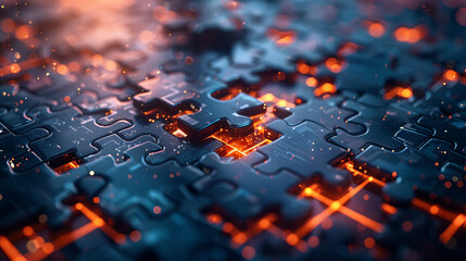 Close-up of metallic puzzle pieces with glowing edges fitting together, symbolizing connection and teamwork in a futuristic style.