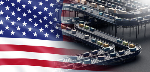 Poster - US industry. Conveyor with boxes. Flag of United States. Production line from USA. Conveyor in automated industrial enterprise. Distribution center in USA. Robotic industrial company. 3d image