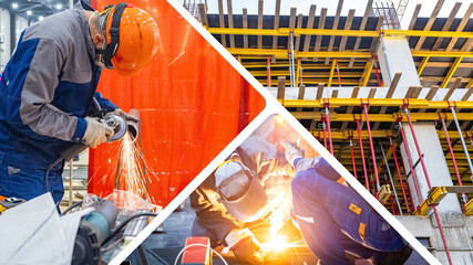 Poster - Production of building structures. Industrial workers. Men work with welding. Fragment of building under construction. Builders make metal formwork. Production of spacers for construction work