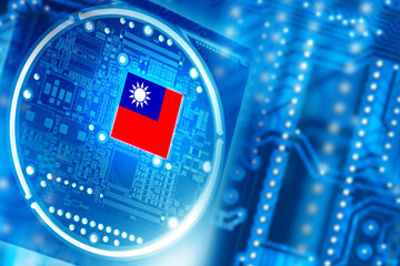 Poster - Microprocessor made in Taiwan. Digital board. Computer equipment. PCB with microprocessor. Microchip in colors of Taiwan flag. Concept of microprocessor industry in republic of Taiwan. 3d image