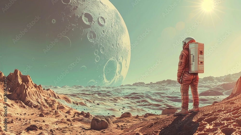 An astronaut in a spacesuit stands on the surface of an alien landscape ...