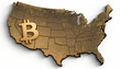 © Steven - Map of the United States with a large Bitcoin symbol overlay, representing cryptocurrency's impact in the US, gold color scheme.