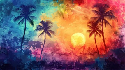 Wall Mural - A painting of a tropical scene with a sun in the sky and palm trees. The colors are bright and vibrant, creating a sense of warmth and relaxation