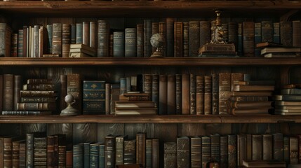 A vintage collection of books set in a rustic wooden bookshelf, adorned with classic objects, creating a nostalgic and intellectual atmosphere in a study room.