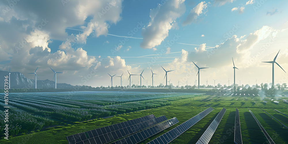 Expansive Renewable Energy Farm with Rows of Solar Panels and Wind ...