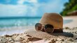 © Nicholas - A close-up shot of a straw hat and aviator sunglasses resting on a sandy beach, embodying relaxation and a carefree summer vibe under the bright sun.