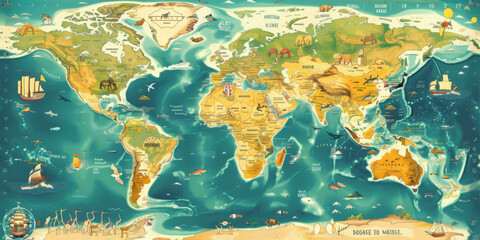 Wall Mural - World map illustration with continents, countries, and oceans depicted on paper, featuring detailed vector graphics of Earth's geography