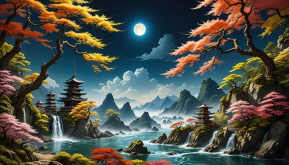 Canvas Print - Tranquil Japanese Landscape with Temples and Waterfalls.