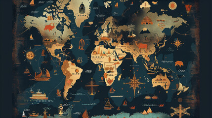 Wall Mural - World map with icons representing different cultures