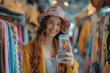 Wall Mural - Focus on a shopping app showcasing a new outfit, blurred background shows a womans excited reflection in a mirror