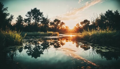 Wall Mural - Sunset Reflection on a Still Pond.