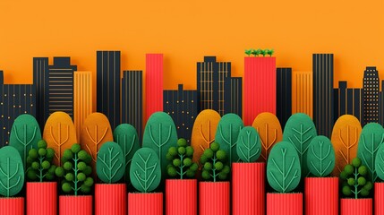 Wall Mural - Urban farming depicted by innovative methods like hydroponics and community gardens showing how cities can produce food sustainably. Background Illustration, Bright color tones, , Minimalism,