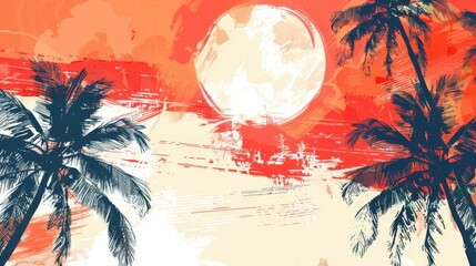 This image showcases an abstract painting featuring a vibrant sunset with several palm trees silhouetted against an orange and red sky with streaks of white light.