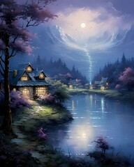 Wall Mural - Fantasy landscape with a house in the forest and a lake.