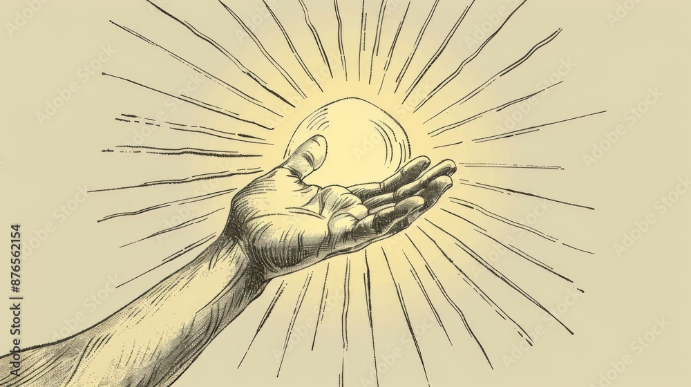 Hand Rises From Sun For Help The image features a hand reaching out to hold the sun, surrounded by ...