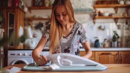 Wall Mural - A woman is ironing clothes on a table. She is smiling and seems to be enjoying the task