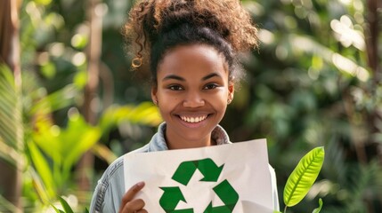 Sticker - happy smiling woman holding paper with a green recycle sign generative ai