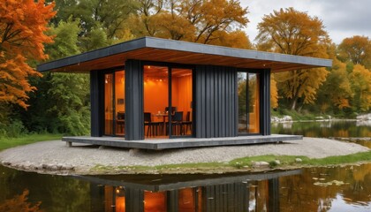 Sticker - Modern Cabin by the Lake in Autumn.