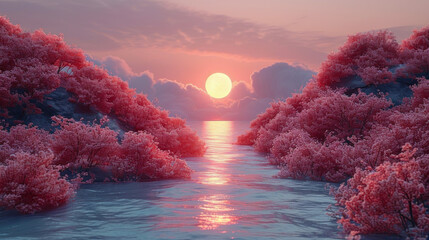 Wall Mural - Serene Sunset Over Frozen River And Pink Trees