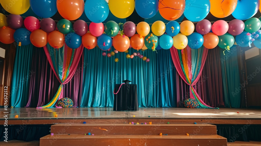 A photo of an empty graduation stage decorated with colorful balloons ...