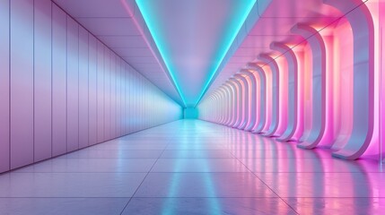 Modern Hallway with Artistic Projection and Neon Lights, Abstract Minimalist Interior Design, Futuristic Architecture and Sleek Aesthetics, 3D Render of a Hallway with Glowing Wall Panels