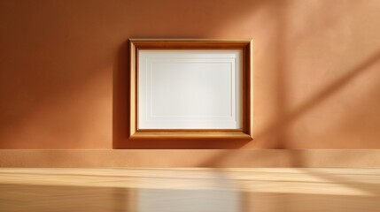 Wall Mural - Blank gold frame against a warm orange wall.