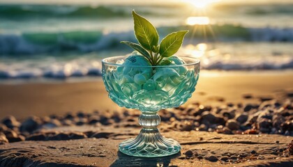 Canvas Print - Green Plant in a Glass Bowl on the Beach at Sunset.