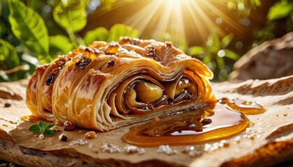 Canvas Print - Honey and Pastry on a Rustic Wooden Board.