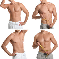 Poster - Collage with photos of man with muscular torso on white background