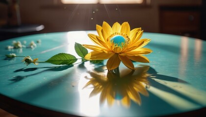 Poster - Yellow Flower with Blue Center on Teal Table.