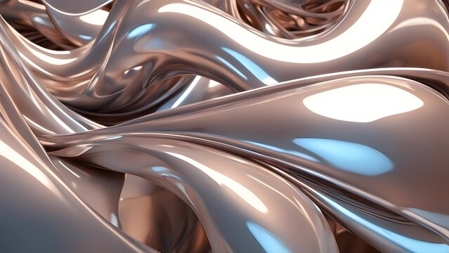 Abstract 3D rendering of smooth, liquid-like metallic shapes with a glossy surface and reflective highlights.
