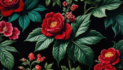 Wall Mural - Red Flowers and Green Leaves on a Black Background.