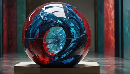 Poster - Abstract Blue and Red Swirl in Glass Sphere.