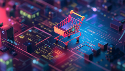 A digital shopping cart icon on a circuit board with colorful lighting, representing the concept of online shopping and technology