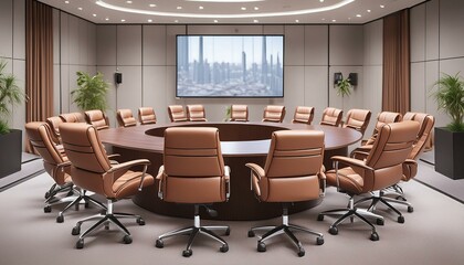 A high-end seminar room with leather chairs, a glass podium, and advanced AV equipment, set