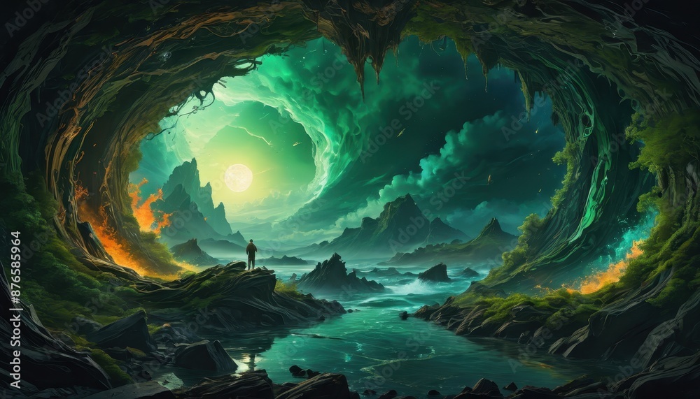 Surreal Landscape With A Man Standing In The Foreground. Stock ...