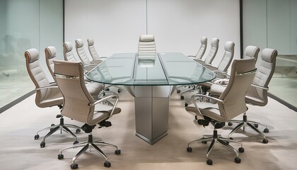 A sleek, modern conference room with a large glass table, surrounded by high-backed ergonomic 