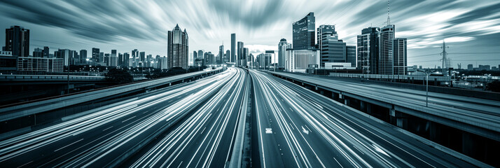 Timelapse of highway traffic with city skyline in the background. The long exposure captures the dynamic light trails of vehicles. A modern urban landscape under a dramatic sky.