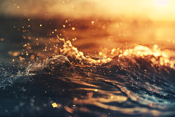 Golden sunset light reflects on water, creating a warm and tranquil mood, perfect for summer vacation designs. 