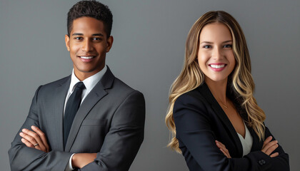 A young man and woman in business attire stand side by side with crossed arms smiling confidently