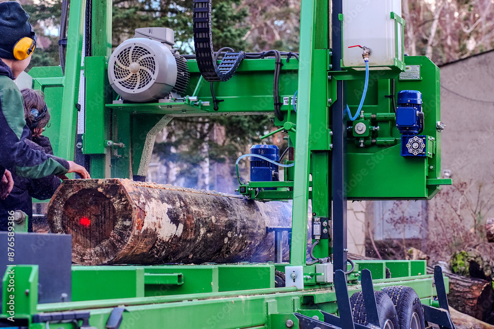 Workers operating green industrial sawmill machine cutting large log ...